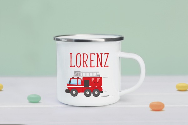 Emaille Tasse Feuerwehrauto mit Namen personalisiert