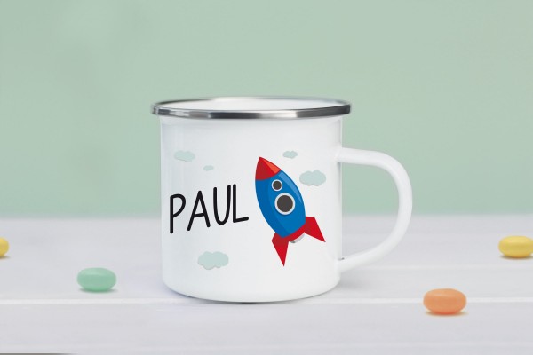 Emaille Tasse mit Rakete und Namen personalisiert