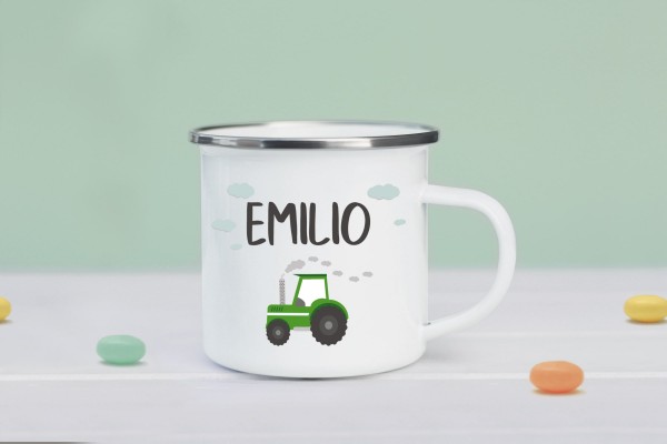 Emaille Tasse mit Traktor und Namen personalisiert