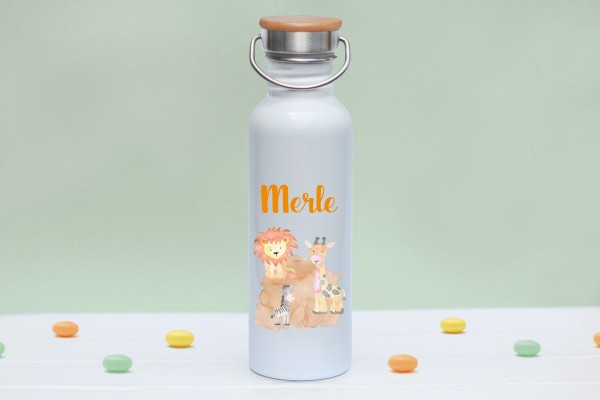 Trinkflasche mit Bambusdeckel mit Motiv Zootieren mit Namen - Zero Waste