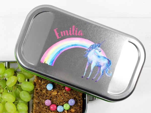 Brotdose Lunchbox mit Name Einhorn und Regenbogen
