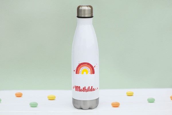 Trinkflasche Edelstahl mit Regenbogen verspielt und Namen personalisiert