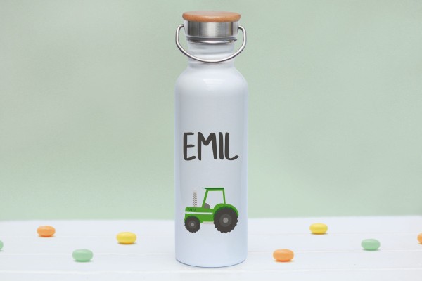 Trinkflasche mit Bambusdeckel mit Motiv Traktor mit Namen - Zero Waste