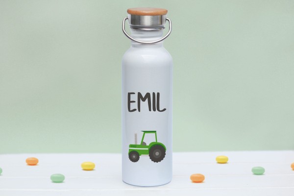 Trinkflasche mit Bambusdeckel mit Motiv Traktor mit Namen - Zero Waste