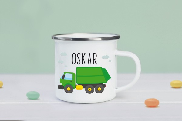 Emaille Tasse Müllauto mit Namen personalisiert