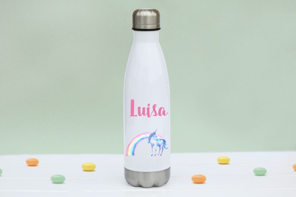 Trinkflasche Edelstahl mit Einhorn und Regenbogen und Namen personalisiert