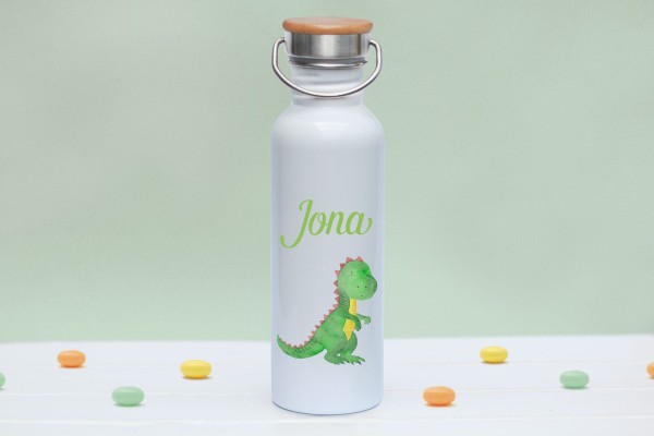 Trinkflasche mit Bambusdeckel mit Motiv Dinosaurier Drache mit Namen - Zero Waste