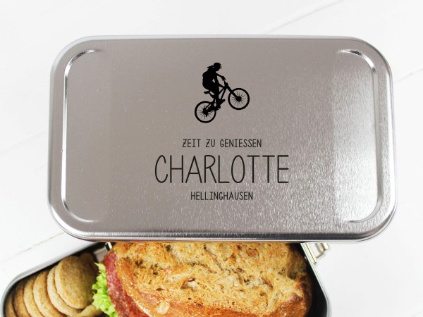 Nachhaltige Brotdose mit Name auf Lunchbox für Biker MTB