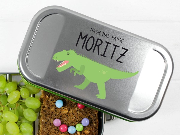 Nachhaltige Brotdose mit Name und T-Rex