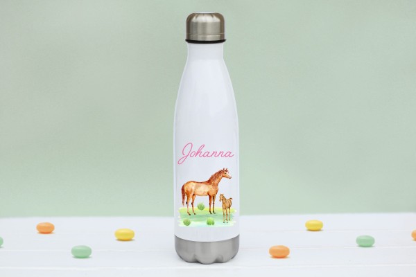 Trinkflasche Edelstahl mit Pferd und Fohlen und Namen personalisiert