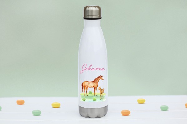 Trinkflasche Edelstahl mit Pferd und Fohlen und Namen personalisiert