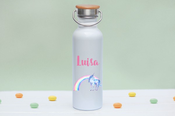 Trinkflasche mit Bambusdeckel mit Motiv Einhorn und Regenbogen mit Namen - Zero Waste