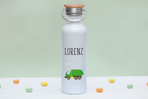 Trinkflasche mit Bambusdeckel mit Motiv Müllauto mit Namen - Zero Waste