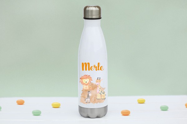Trinkflasche Edelstahl mit Zootiere und Namen personalisiert
