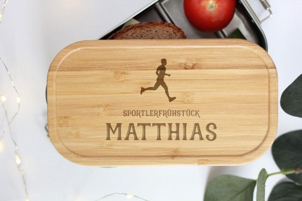 Nachhaltige Brotdose Name und Läufer Sportler Bambusdeckel Holz