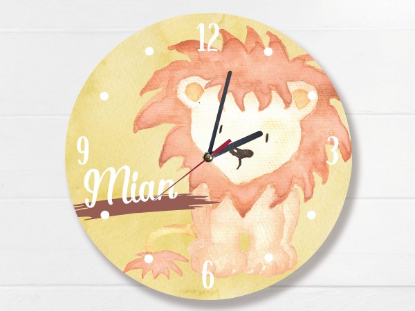 Wanduhr für Kinder mit Namen und Tier Löwe
